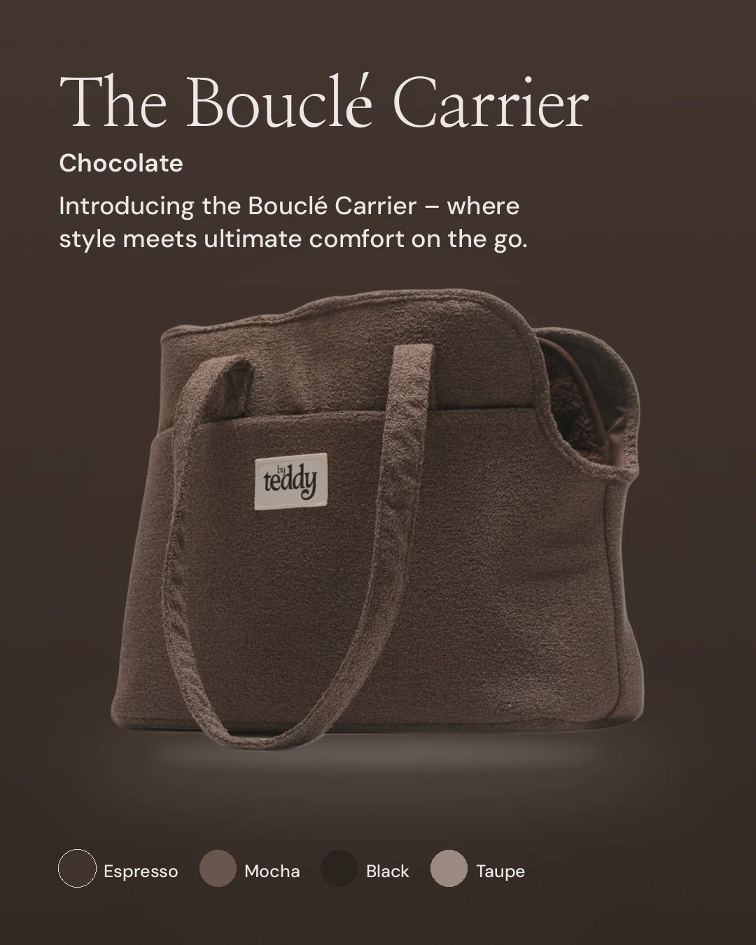 Instagram portrait post for By Teddy: Chocolate┃The Bouclé Carrier in Chocolate. Product hero, dark palette.