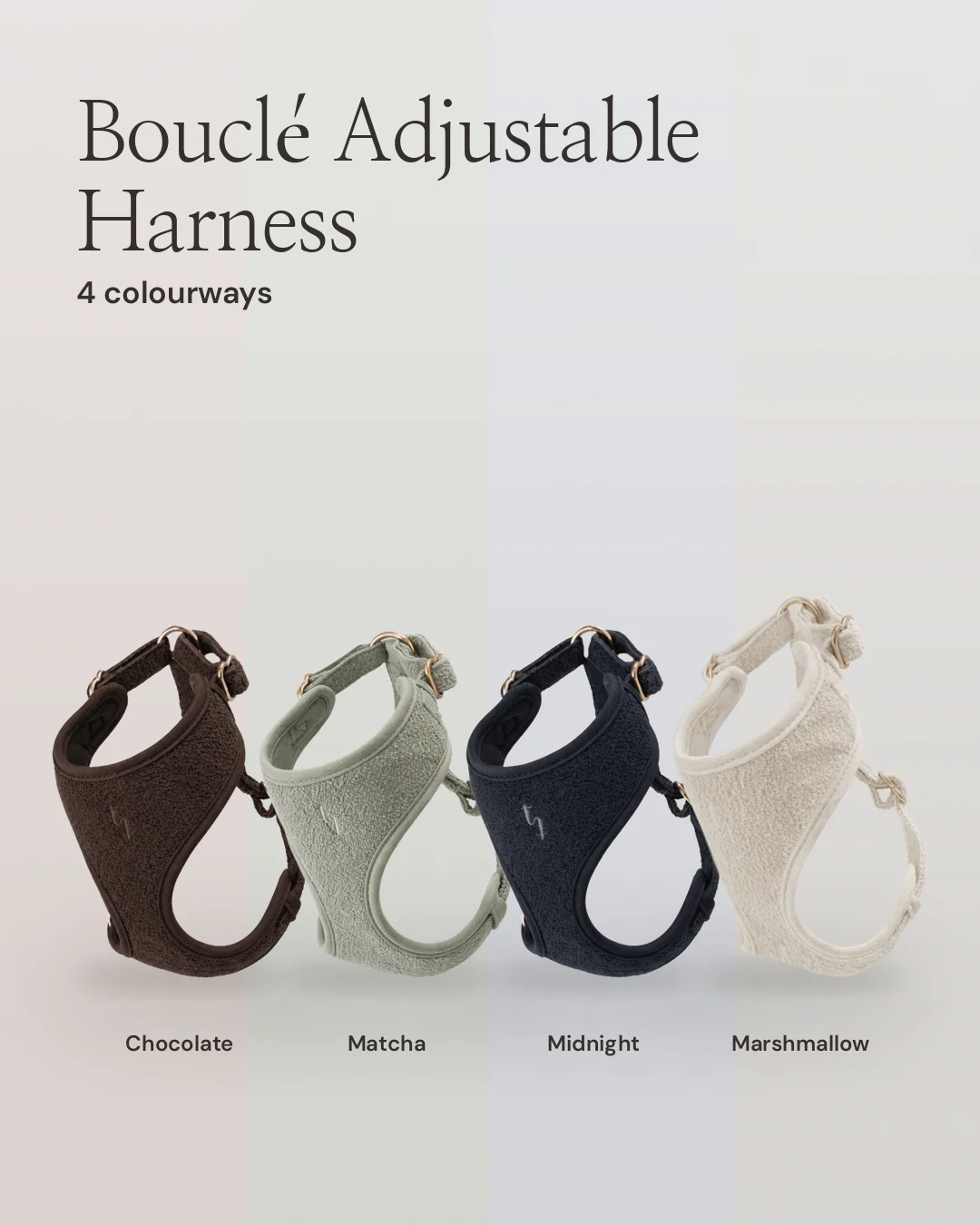 Carousel for By Teddy: Midnight┃Bouclé Adjustable Harness in Midnight. Colourway carousel, 6 slides, light palette.