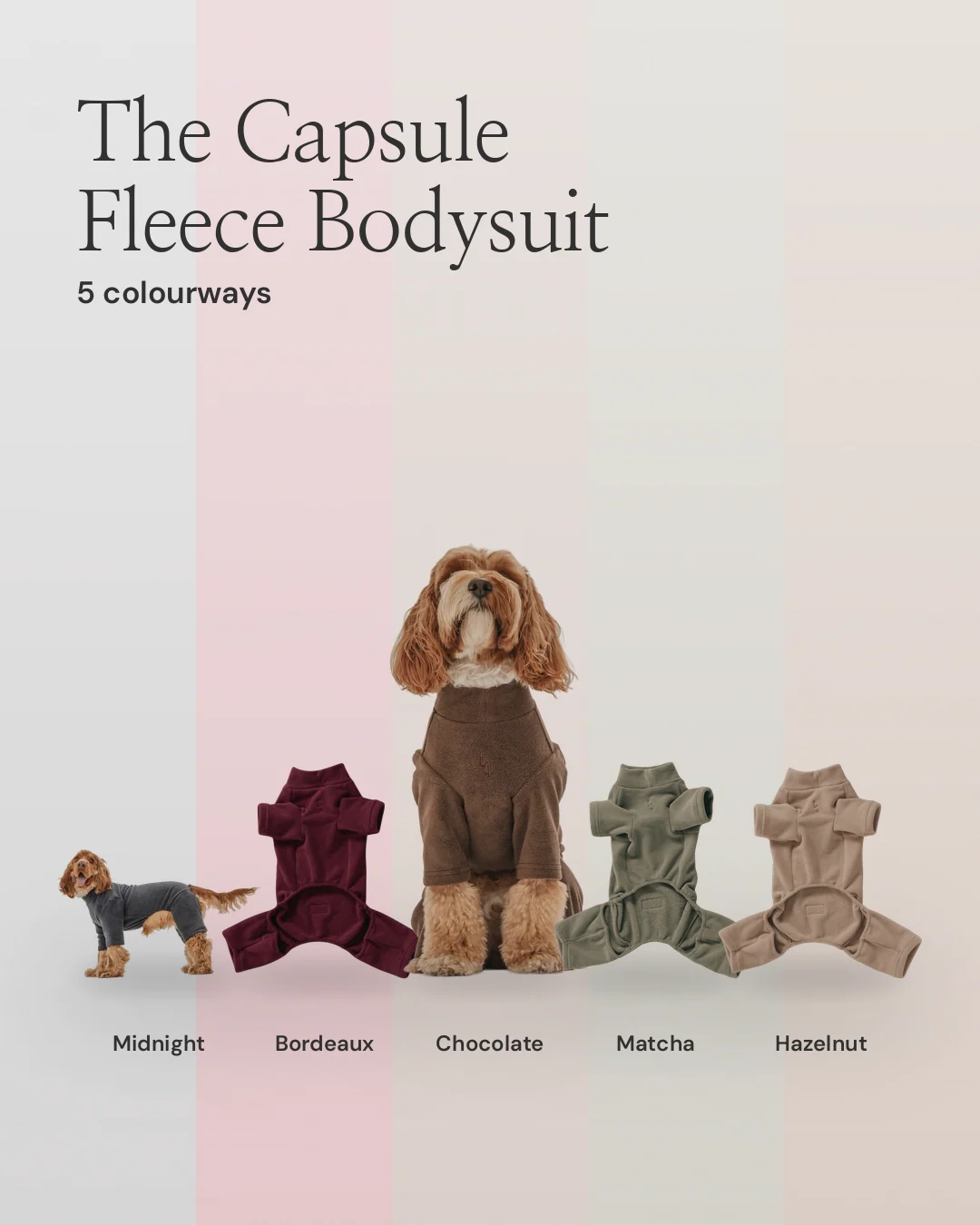 Carousel for By Teddy: Chocolate | The Capsule Fleece Bodysuit in Chocolate. Colourway carousel, 7 slides, light palette.