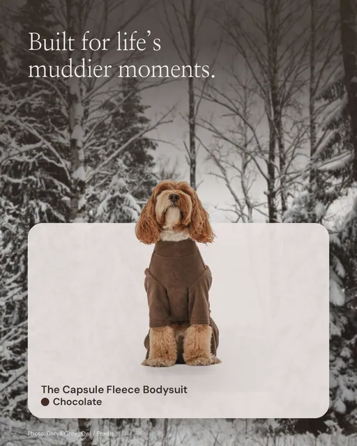 Instagram portrait post for By Teddy: Chocolate | The Capsule Fleece Bodysuit in Chocolate. Product in context, light palette.