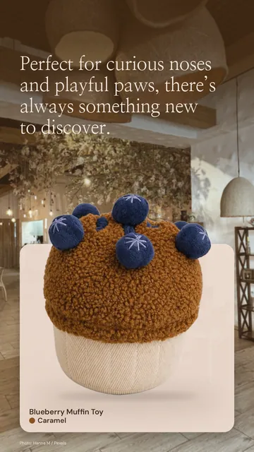 Instagram story for By Teddy: Blueberry Muffin Toy in Caramel. Product in context, light palette.
