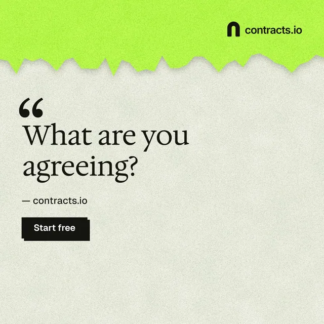 Instagram post for contracts.io: "What are you agreeing?" Paper trio style, quote layout, light palette in green, grey.