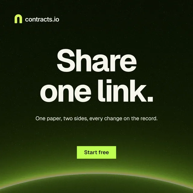 Instagram post for contracts.io: "Share one link." Swiss style, centred layout, dark palette in black, green.