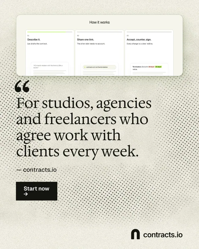 Instagram portrait post for contracts.io: "For studios, agencies and freelancers who agree work with clients every week." Ink sticker style, quote layout, light palette in yellow, white, grey.