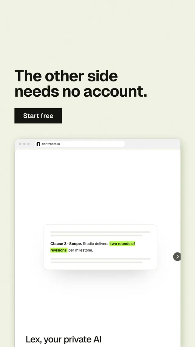 Instagram story for contracts.io: "The other side needs no account." Swiss style, browser layout, light palette in green, white.
