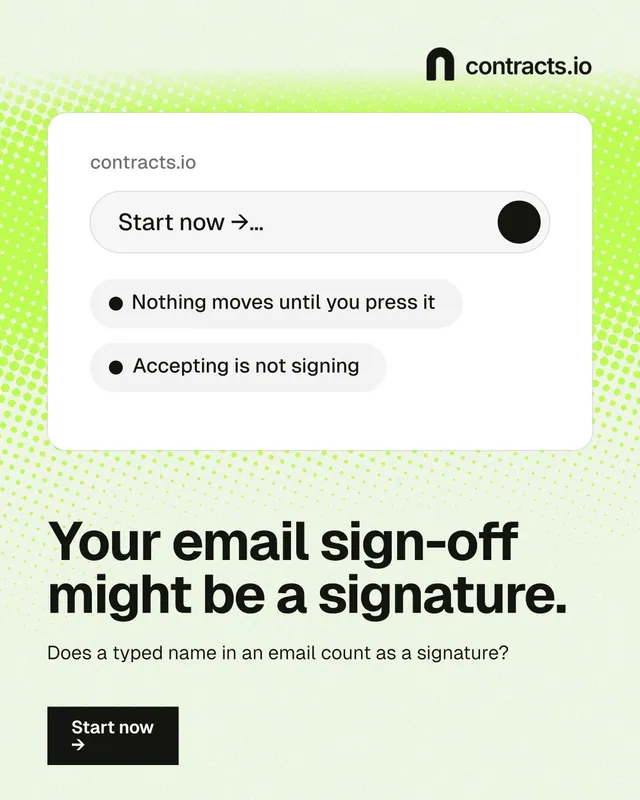 Instagram portrait post for contracts.io: "Your email sign-off might be a signature." Swiss style, bottom layout, light palette in white, green, grey.