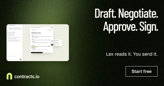 Social ad for contracts.io: "Draft. Negotiate. Approve. Sign." Dark deco style, right layout, dark palette in black, green, white.