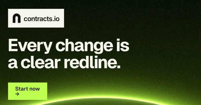 Social ad for contracts.io: "Every change is a clear redline." Swiss style, announce layout, dark palette in green, black.
