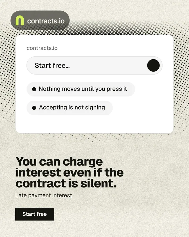 Instagram portrait post for contracts.io: "You can charge interest even if the contract is silent." Ink sticker style, bottom layout, light palette in yellow, white, grey.