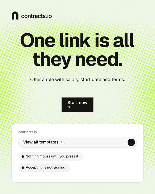 Instagram portrait post for contracts.io: "One link is all they need." Swiss style, centred layout, light palette in white, green, grey.