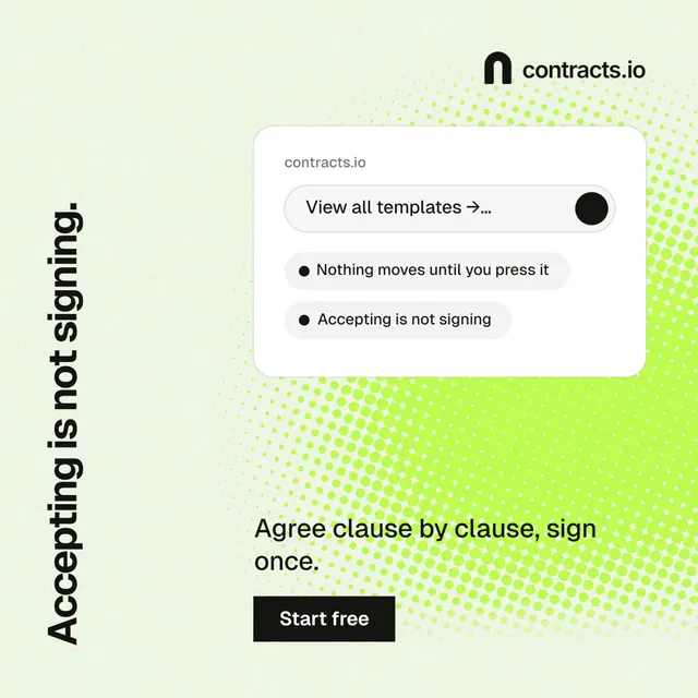 Instagram post for contracts.io: "Accepting is not signing." Swiss style, vertical layout, light palette in white, green.