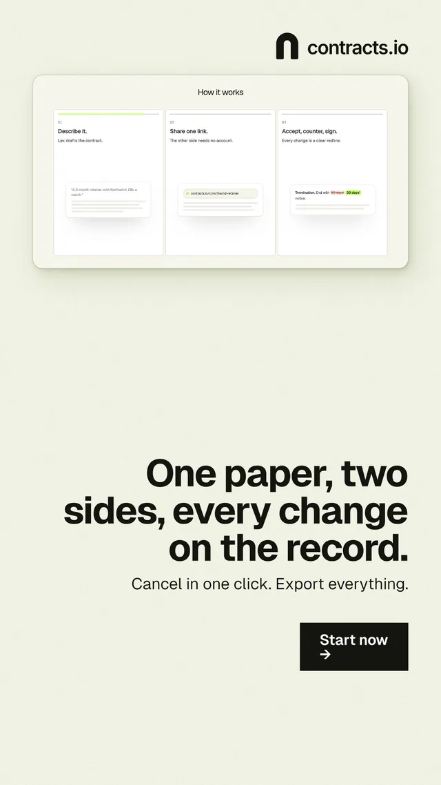 Instagram story for contracts.io: "One paper, two sides, every change on the record." Swiss style, right layout, light palette in white, yellow, grey.