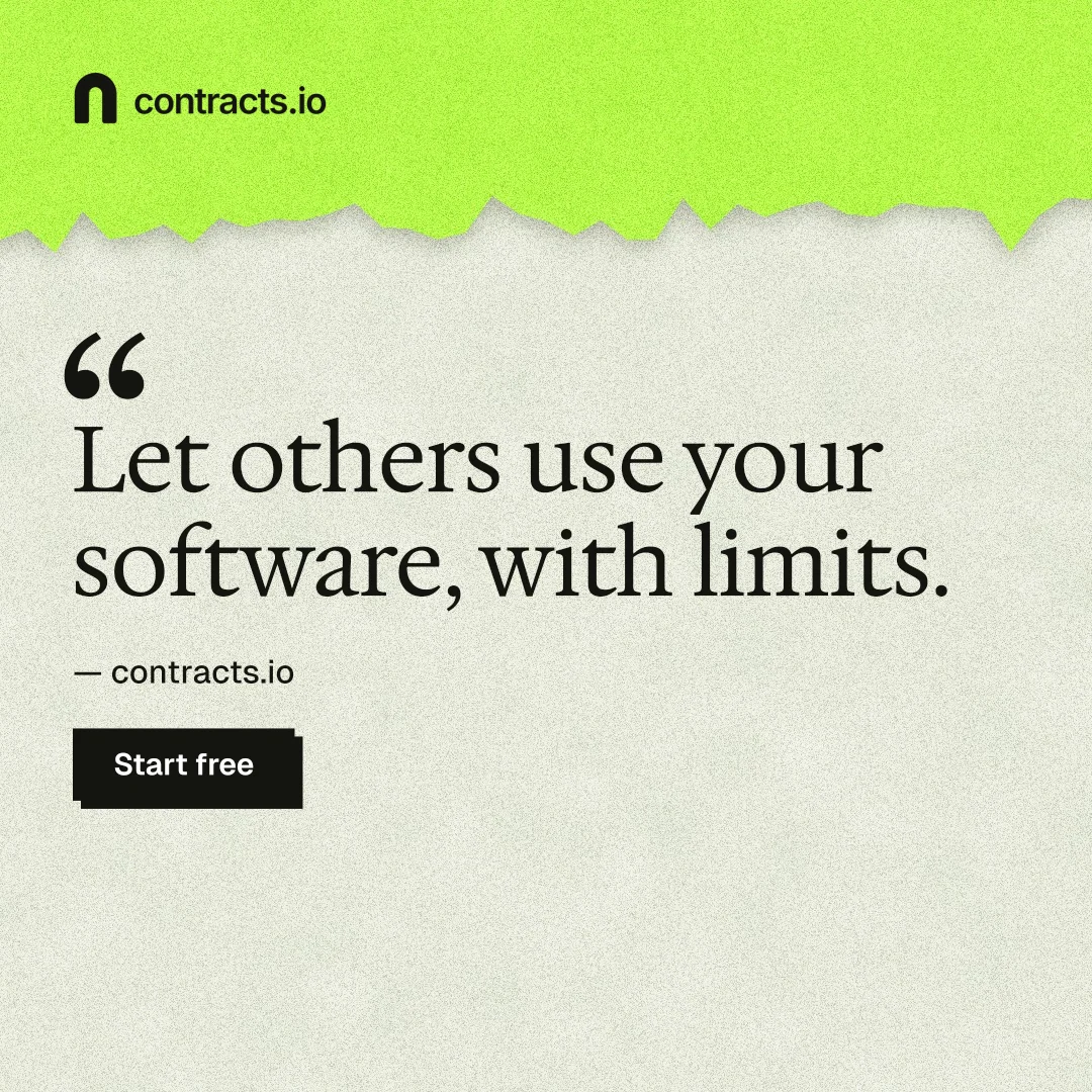 Instagram post for contracts.io: "Let others use your software, with limits." Paper trio style, quote layout, light palette in green, grey.