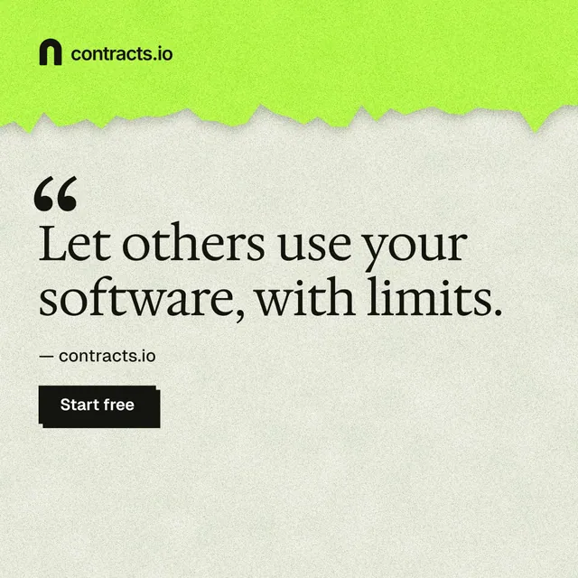Instagram post for contracts.io: "Let others use your software, with limits." Paper trio style, quote layout, light palette in green, grey.