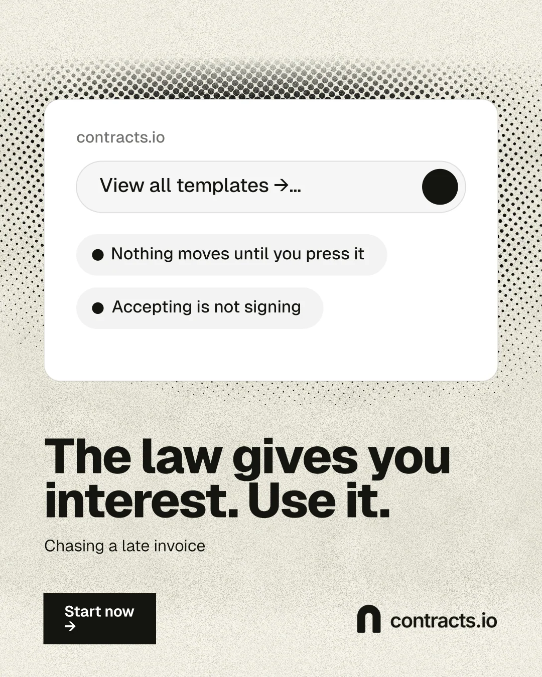 Instagram portrait post for contracts.io: "The law gives you interest. Use it." Ink sticker style, bottom layout, light palette in yellow, white, grey.