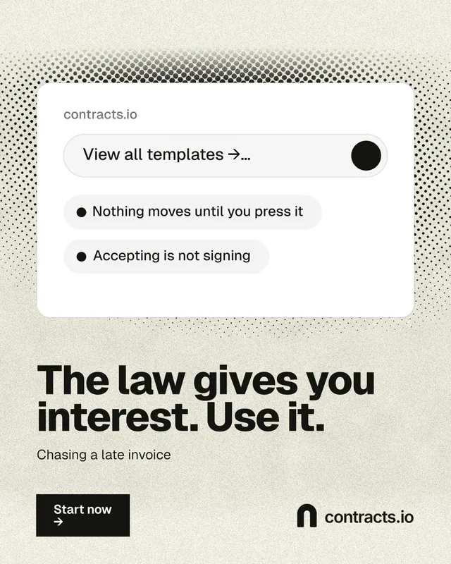 Instagram portrait post for contracts.io: "The law gives you interest. Use it." Ink sticker style, bottom layout, light palette in yellow, white, grey.