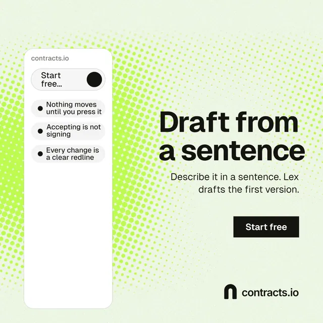 Instagram post for contracts.io: "Draft from a sentence". Swiss style, right layout, light palette in white, green, grey.
