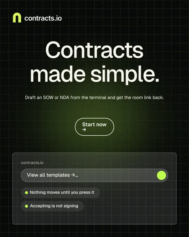 Instagram portrait post for contracts.io: "Contracts made simple." Phosphor atlas style, centred layout, dark palette in black, grey.
