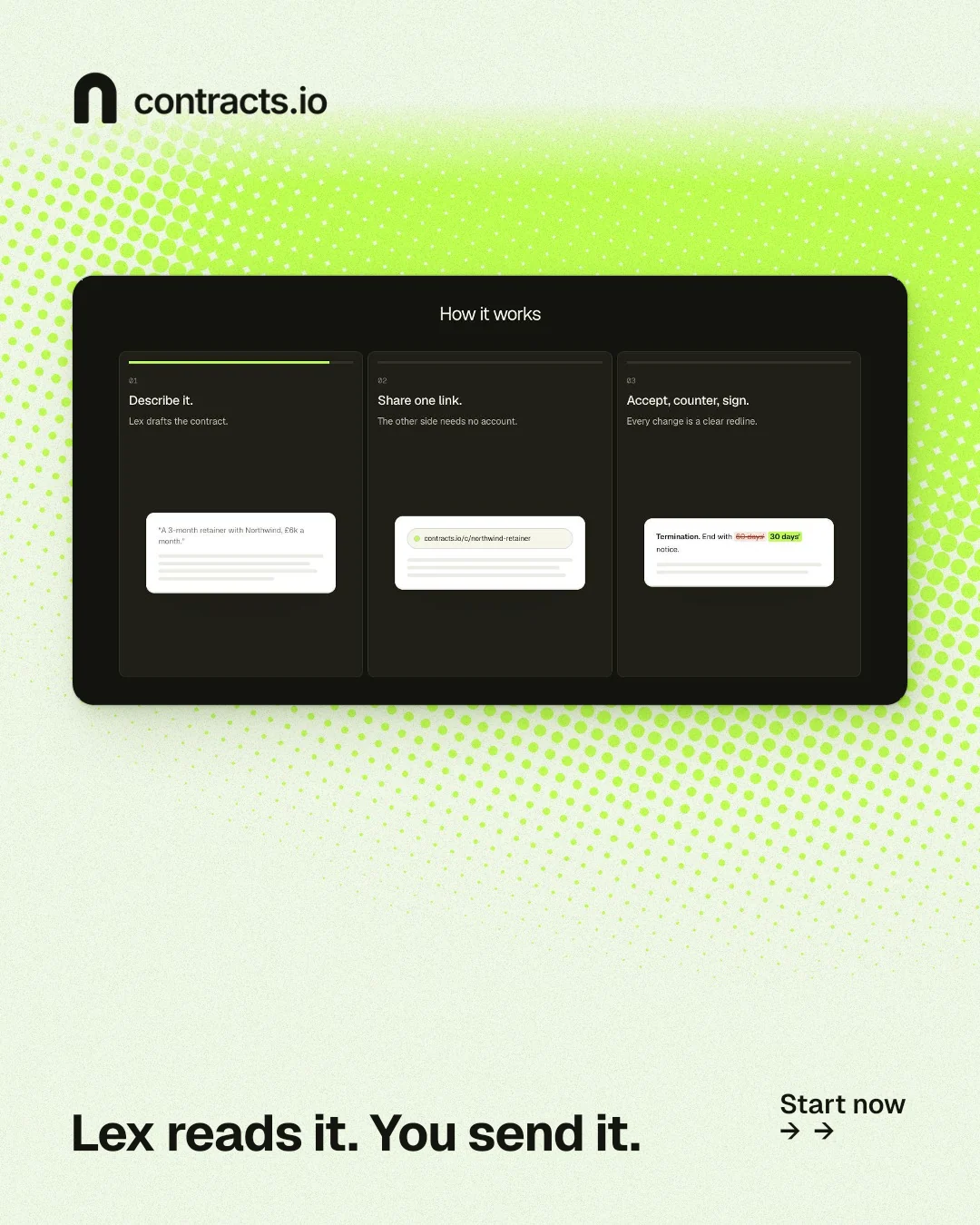 Instagram portrait post for contracts.io: "Lex reads it. You send it." Swiss style, image led layout, light palette in white, black, green.