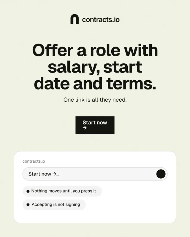 Instagram portrait post for contracts.io: "Offer a role with salary, start date and terms." Swiss style, centred layout, light palette in white, yellow, grey.