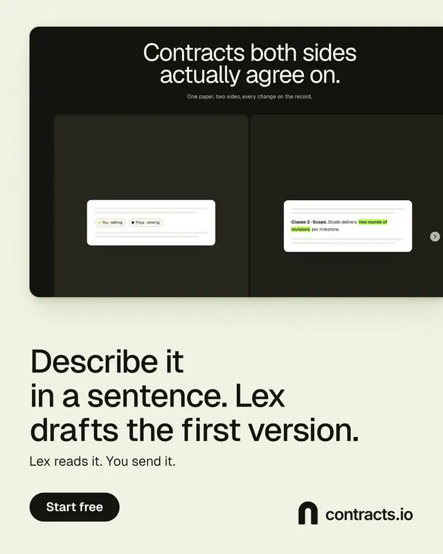 Instagram portrait post for contracts.io: "Describe it in a sentence. Lex drafts the first version." Data card style, bottom layout, light palette in black, white, green.
