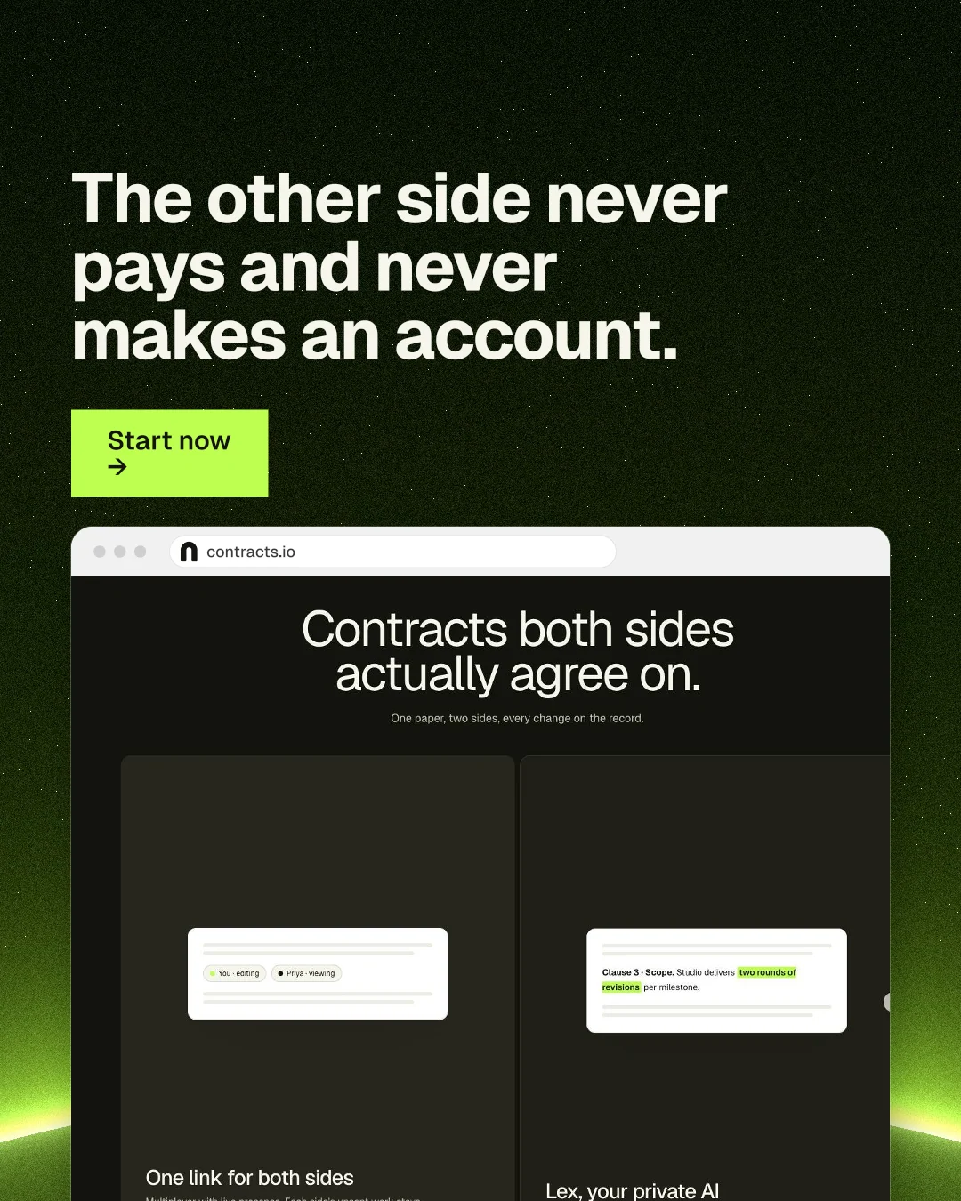Instagram portrait post for contracts.io: "The other side never pays and never makes an account." Swiss style, browser layout, dark palette in black, grey.
