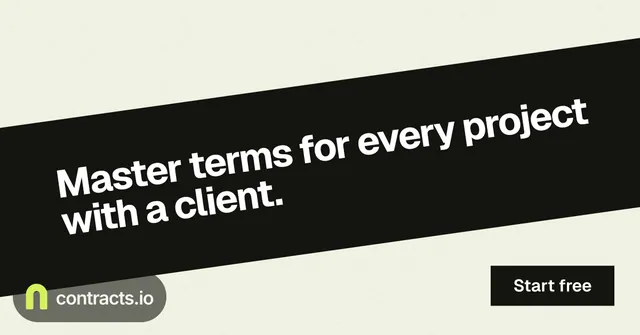 Social ad for contracts.io: "Master terms for every project with a client." Swiss style, diagonal layout, light palette in white, black, grey.