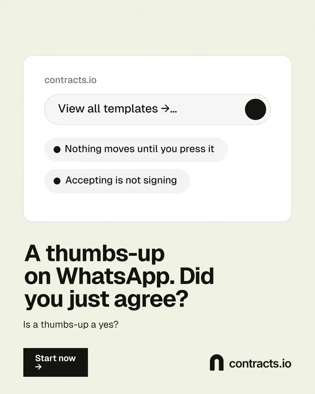 Instagram portrait post for contracts.io: "A thumbs-up on WhatsApp. Did you just agree?" Swiss style, bottom layout, light palette in white, yellow, grey.