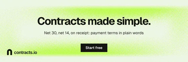 X header for contracts.io: "Contracts made simple." Swiss style, centred layout, light palette in white, green, grey.
