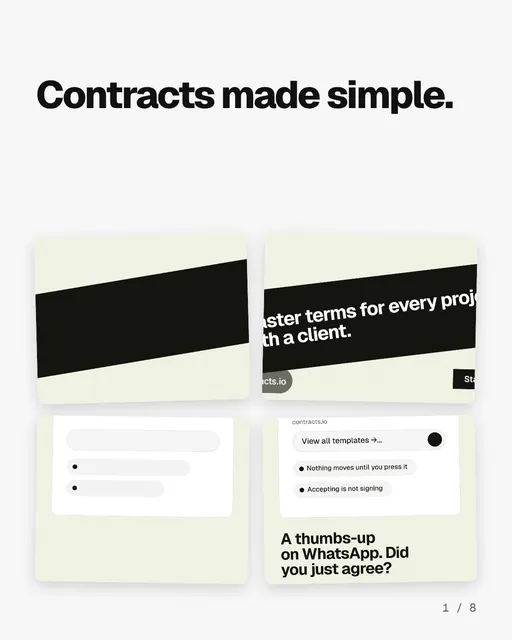 Carousel for contracts.io: "Contracts made simple.". Collection carousel, 8 slides, light palette.
