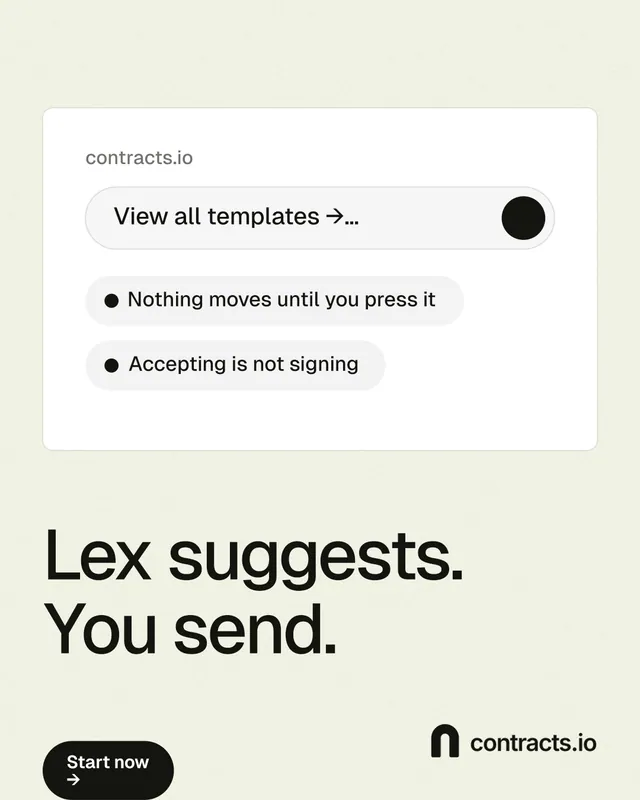 Instagram portrait post for contracts.io: "Lex suggests. You send." Data card style, bottom layout, light palette in white, yellow, grey.