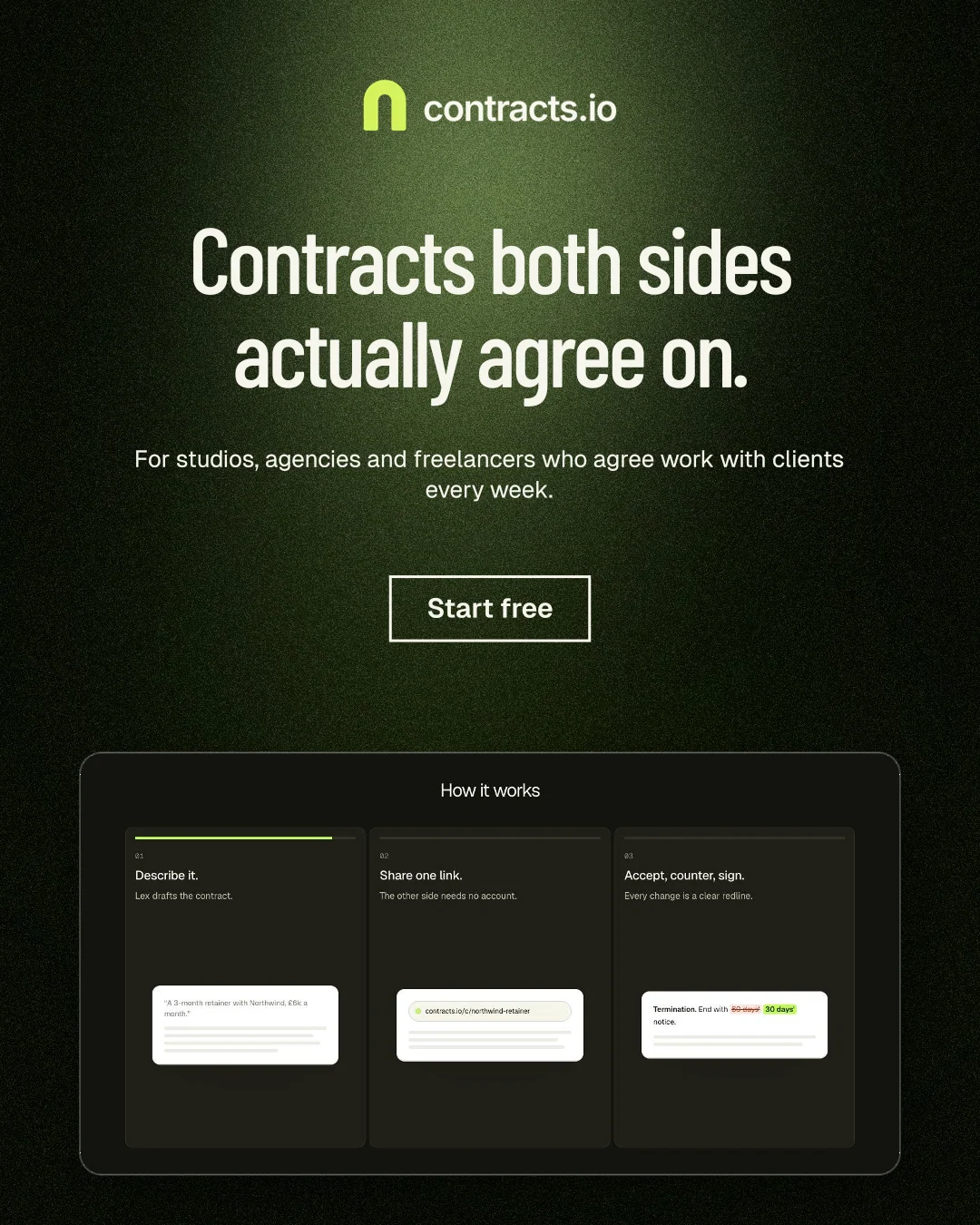 Instagram portrait post for contracts.io: "Contracts both sides actually agree on." Dark deco style, centred layout, dark palette in black, green, grey.