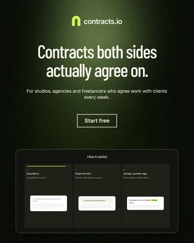 Instagram portrait post for contracts.io: "Contracts both sides actually agree on." Dark deco style, centred layout, dark palette in black, green, grey.