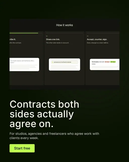 Video for contracts.io: "Contracts both sides actually agree on.". Doc motion loop, 6.0 s, dark palette.