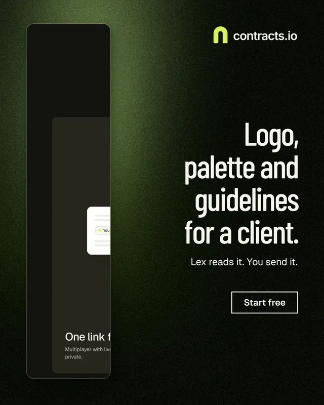 Instagram portrait post for contracts.io: "Logo, palette and guidelines for a client." Dark deco style, right layout, dark palette in black, grey.