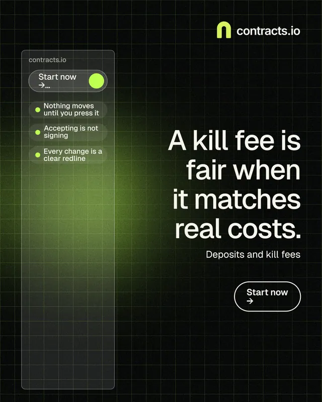 Instagram portrait post for contracts.io: "A kill fee is fair when it matches real costs." Phosphor atlas style, right layout, dark palette in black, green.