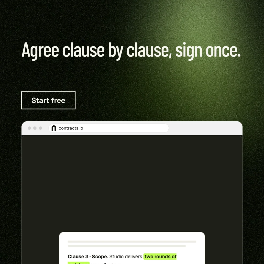 Instagram post for contracts.io: "Agree clause by clause, sign once." Dark deco style, browser layout, dark palette in black, green, grey.