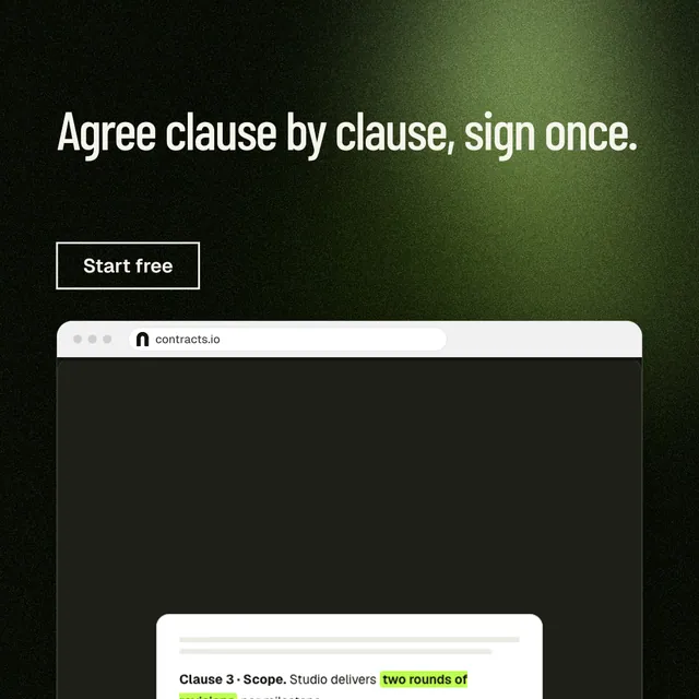 Instagram post for contracts.io: "Agree clause by clause, sign once." Dark deco style, browser layout, dark palette in black, green, grey.