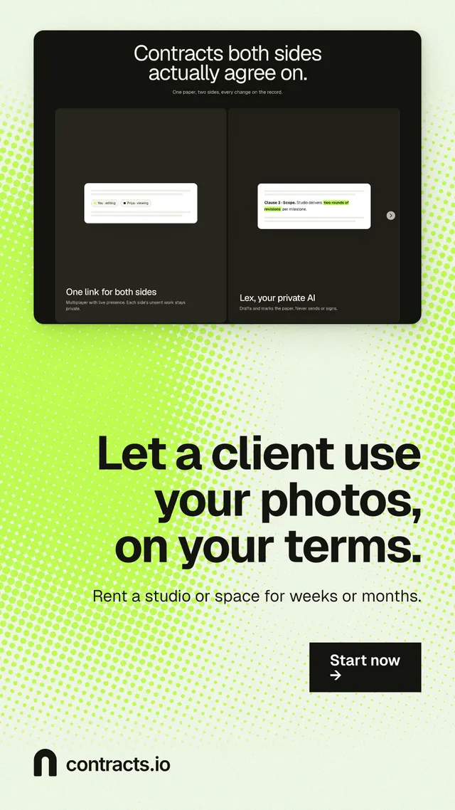 Instagram story for contracts.io: "Let a client use your photos, on your terms." Swiss style, right layout, light palette in black, green, white.