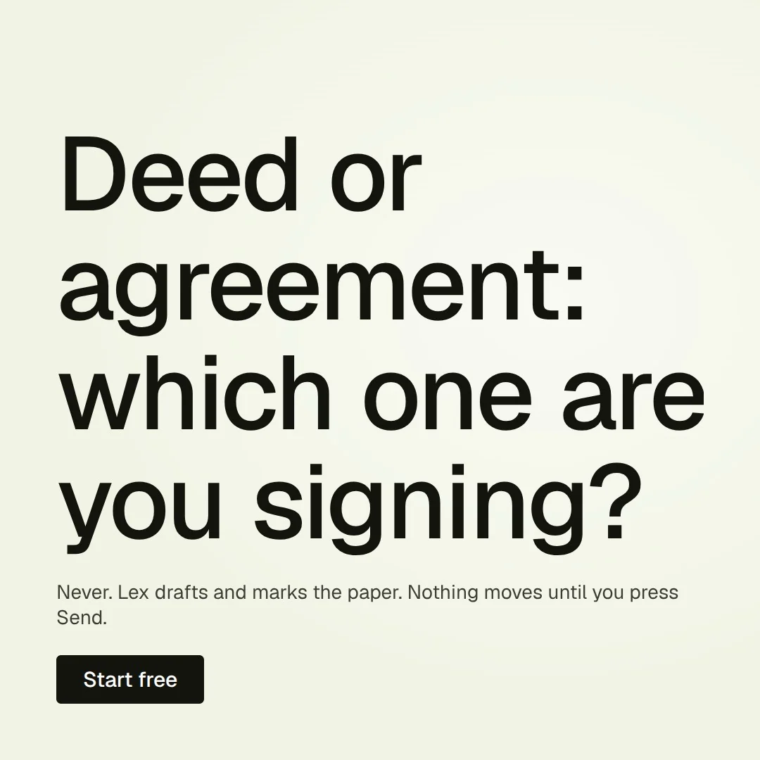 Video for contracts.io: "Deed or agreement: which one are you signing?". Doc motion loop, 7.0 s, light palette.