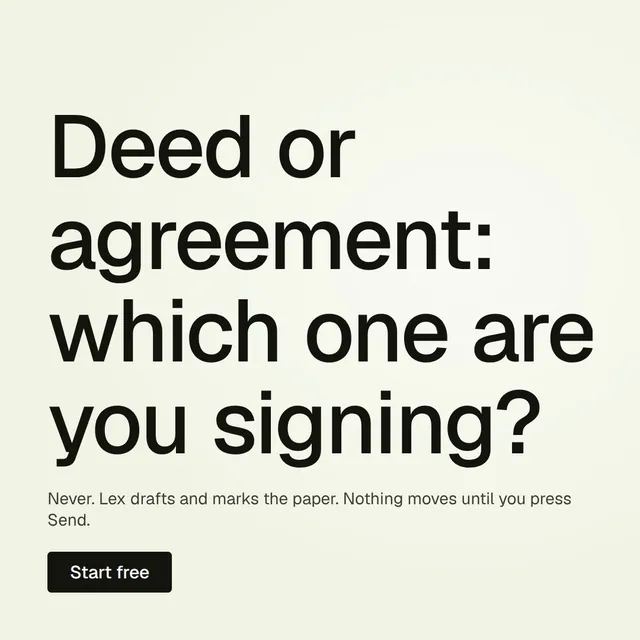 Video for contracts.io: "Deed or agreement: which one are you signing?". Doc motion loop, 7.0 s, light palette.