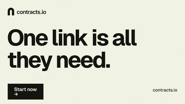 Landscape graphic for contracts.io: "One link is all they need." Swiss style, poster layout, light palette in white, grey, green.