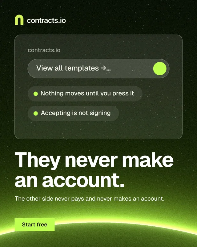 Instagram portrait post for contracts.io: "They never make an account." Swiss style, bottom layout, dark palette in green, black.