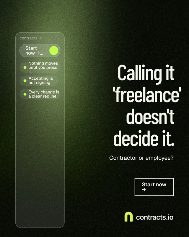 Instagram portrait post for contracts.io: "Calling it 'freelance' doesn't decide it." Dark deco style, right layout, dark palette in green, black, grey.