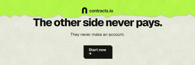 X header for contracts.io: "The other side never pays." Paper trio style, centred layout, light palette in green, grey.