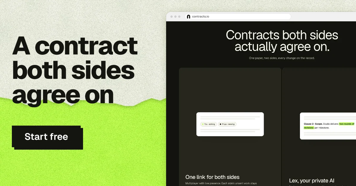 Social ad for contracts.io: "A contract both sides agree on". Paper trio style, browser layout, light palette in black, green.