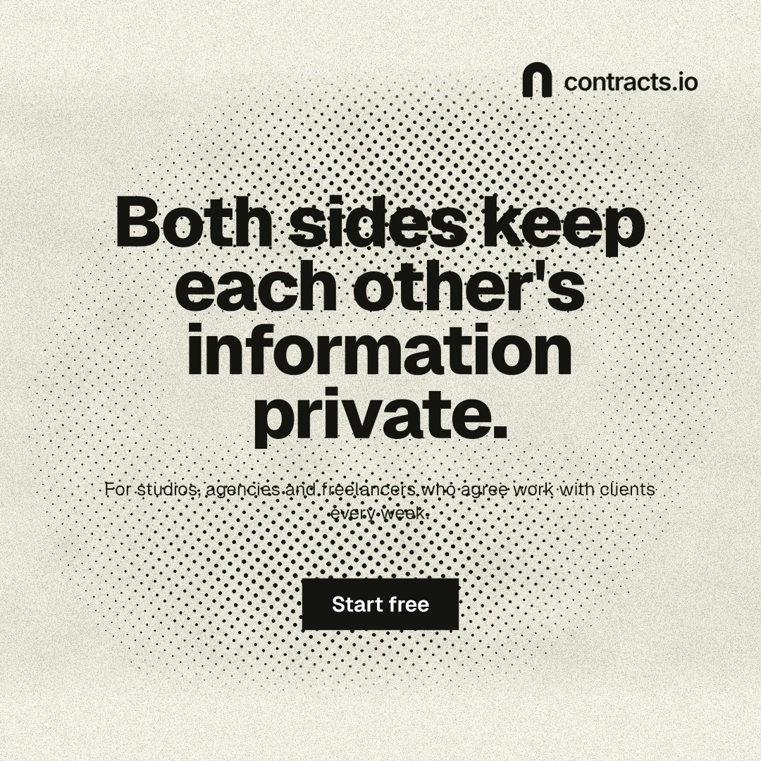 Instagram post for contracts.io: "Both sides keep each other's information private." Ink sticker style, centred layout, light palette in yellow, white, grey.