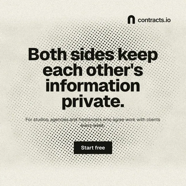 Instagram post for contracts.io: "Both sides keep each other's information private." Ink sticker style, centred layout, light palette in yellow, white, grey.