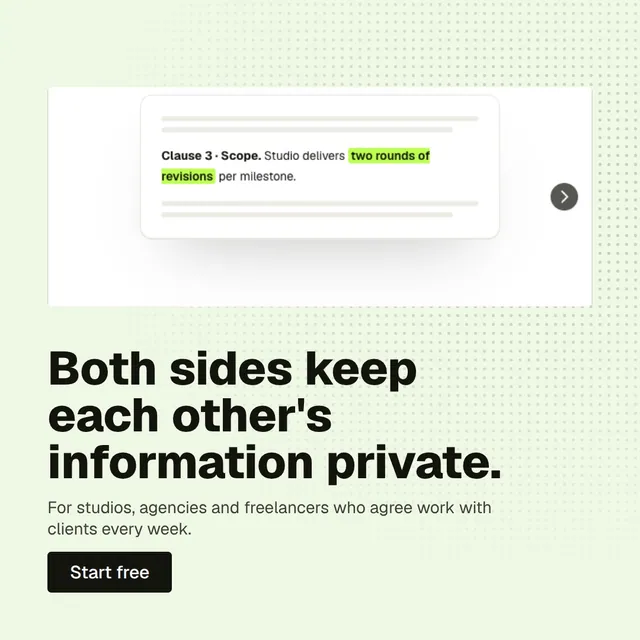 Video for contracts.io: "Both sides keep each other's information private.". Doc motion loop, 8.0 s, light palette.