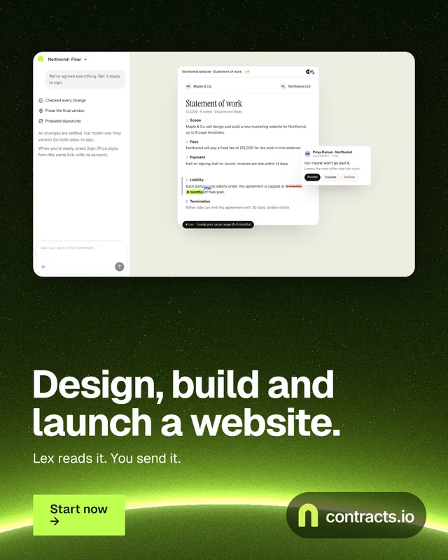 Instagram portrait post for contracts.io: "Design, build and launch a website." Swiss style, bottom layout, light palette in black, green, white.
